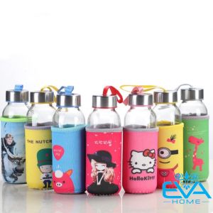 Bình Đựng Nước Thuỷ Tinh Mini Nắp Dây Xách 150 Ml Có Vỏ Bọc Vải Giữ Nhiệt In Hoạ Tiết M3040
