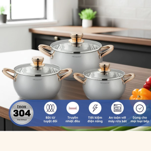 BỘ 3 NỒI TÁO INOX 304 LOCK&KING LK-336 – ĐÁY 5 LỚP TAY CẦM MẠ VÀNG SANG TRỌNG CHUẨN BẾP HIỆN ĐẠI 🍎