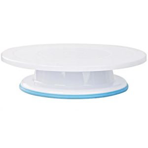 White rotating cake turntable with blue non-slip base.