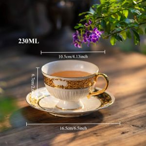 FFBH Tea Cups and Saucers SetCeramic Coffee Cups with Gold Trim Cafe Cups for Latte Mocha Au Lait，Elegant Teacup and Saucer 9H4B3