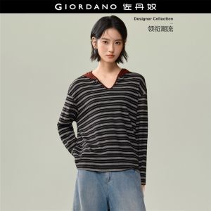 GIORDANO Women T-Shirts Striped Contrast Hooded Tee V-Neck Long Sleeve Fashionable Casual Relaxed T-Shirts 18326719