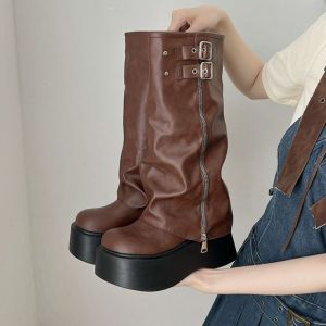 NOVAWEAR New Design Women Biker Boots Belt Buckle Platform Womens Knee High Booties Fashion Y2K Punk Long Pipe Booties Girls