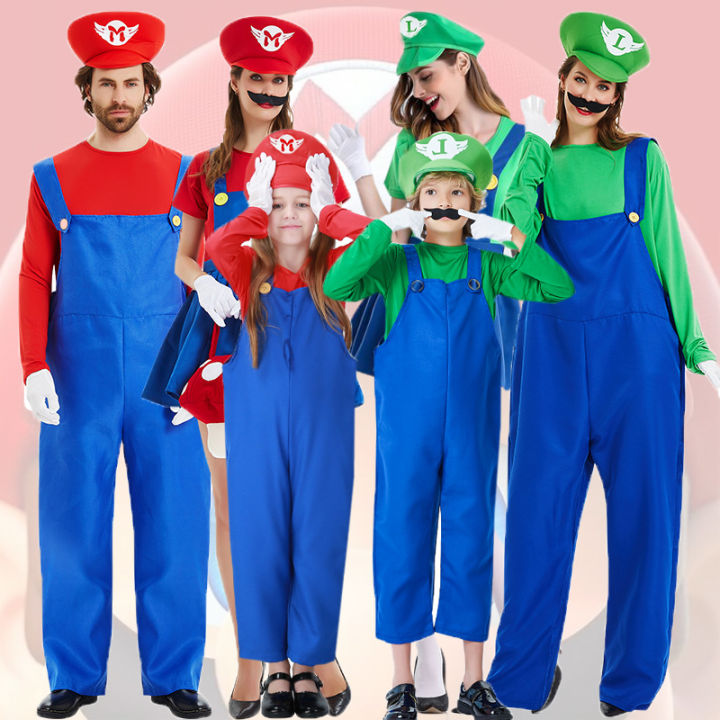 Adult Kids Super Mario Bros Costumes Mario Luigi Bros Cosplay Jumpsuit  Christmas Halloween Party Uniform Sets Cartoon Character  Role-Playing【Clothes+Top+Hat+Beard】