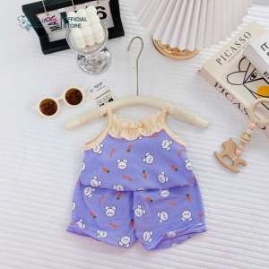 COMBO 3 Bộ Quần Áo 2 Dây Cổ Bèo Nhún Bé Gái Thun Tăm Lạnh Đồ Bộ Mùa Hè Bé Gái Size 6-16kg