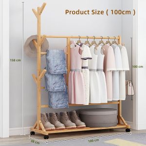 Johor Seller |Solid Bamboo floor clothing rack with wheels hat rack bedroom furniture Coat Rack Simple Assembly Bedroom hanger