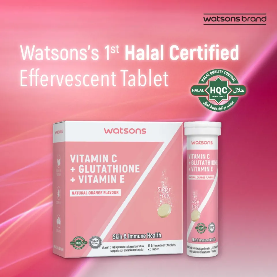 WATSONS Vitamin C + Glutathione + Vitamin E Effervescent Tablet (Sugar-Free, Skin & Immune Health, Halal-Certified) 15s x 3 Tubes (Expiry: Feb`2027)