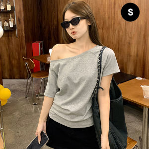 PM✿ Solid Color Short Sleeved T-shirt Loose Versatile Design Sense Top Off-the-shoulder