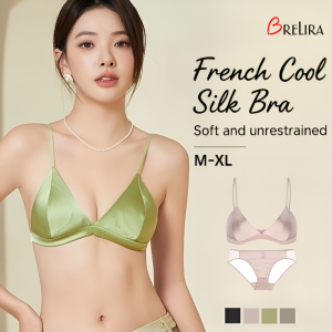 【SINGABRALETTE】Satin Thin Straps Bra Panties Set Wireless French Triangle Cup Minimizer Bra Breathable Mulberry Silk Ultra-Thin Anti-Sagging Seamless ​​Underwear​​真絲內衣