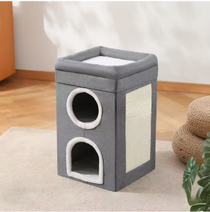 HATELI Cat House Large Cat Bed Winter Warm Double Layered Cats With Fluffy Ball Hanging Cube Beds For Large Cats Kitten Indoor Nest with Scratching Pad