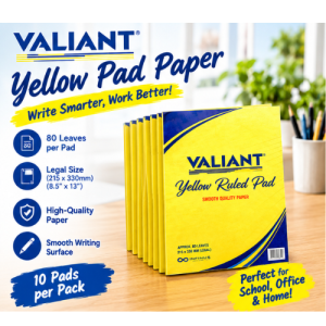 KAFIFI Valiant Yellow Pad – Legal Size – 10 Pads/Ream – 80 Leaves Each – Smooth Writing Paper
