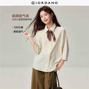 GIORDANO Women Shirts 100% Cotton Double Placket Shirts 3/4 Dolman Sleeve Fashionable Casual Loose Shirts 05346864