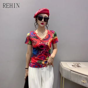 REHIN Womens top Summer fashion mesh print short-sleeved T-shirt V-neck slim and thin elegant blouse