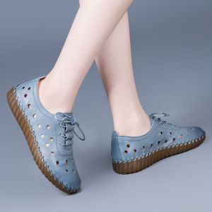 Women Soft Leather Hollow Lace Up Flat Shoes Comfort Casual Mother Shoes