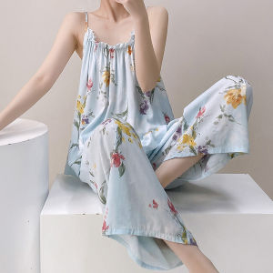 Comfortable Cotton Silk Pajamas Simple Printed Sleep Wear Two Piece Set Female Spring and Summer Spaghetti Strap Top and Long Pants Loose Home Wear Clothing