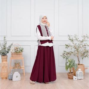 Setelan Gamis Anak Muslimah Elegan Motif Geometris Rok Panjang dengan Kerah Pita - Bahan Spandeks Nyaman