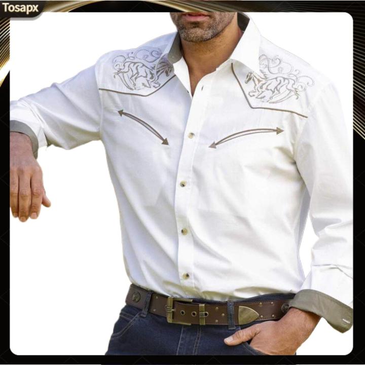 Men Long-sleeve Shirt Retro Shirt Men's Vintage Western Cowboy Print Slim  Fit Shirt Long Sleeve Streetwear for Casual Business Wear