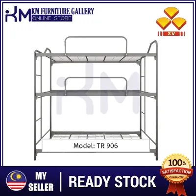 KM Furniture 3V TR906 Tower Single Triple Decker Bed/ Heavy Duty Metal Bunk Bed/ Double Decker Bed/ Single Metal Bed/ Homestay Bed/ Hostel Bunk Bed/ Divan/ Bed Frame/ Katil Besi 3 Tingkat Bermutu Tinggi