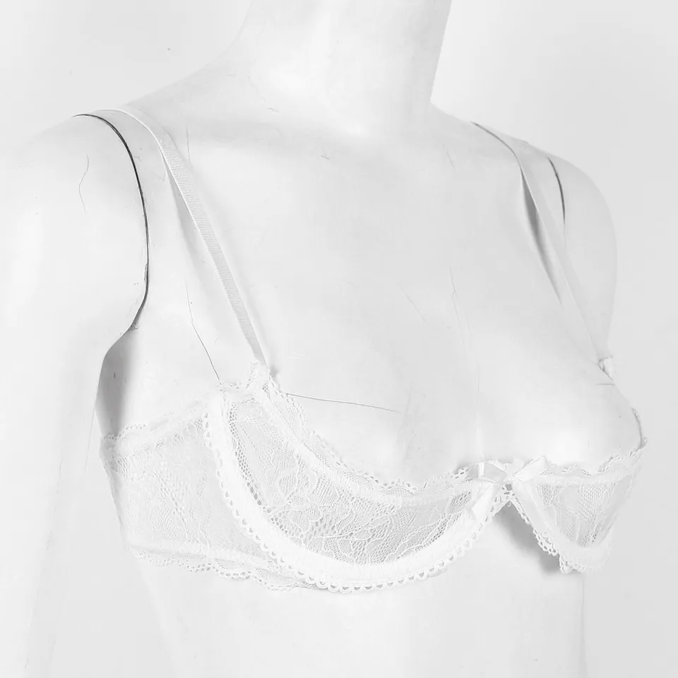 Womens Sheer Lace Open Cup Bra Adjustable Spaghetti Shoulder Straps 1/4 Cups  See Through Push Up Underwire Bra Tops