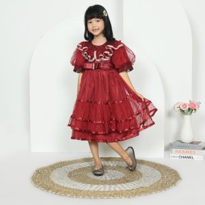 Gaun Pesta Anak Perempuan Motif Renda Lengan Kupu-Kupu dengan Ribbon - Usia 3-8 Tahun
