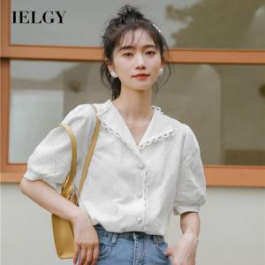 IELGY French retro V-neck short-sleeved shirt female niche thin and fresh