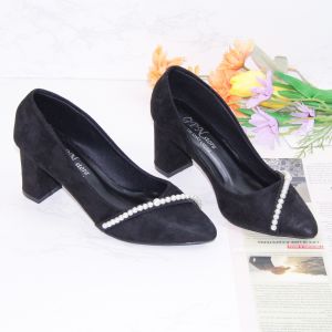 Giày cao gót vuông 7p bít mũi công sở da nhung kết dây chéo hạt châu - BM83 kèm ảnh thật