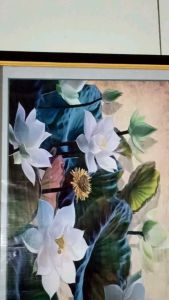 Hiasan dinding cetak gambar lukisan bunga teratai plus bingkai ukuran 50x100cm