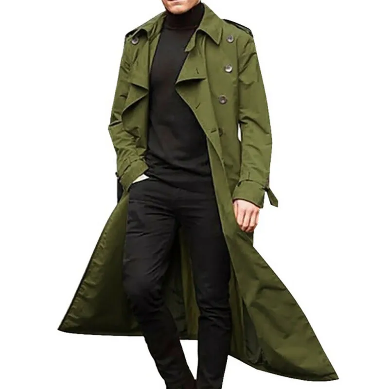 Mens Windproof Long Trench Coat Casual Buttons Jacket Outwear