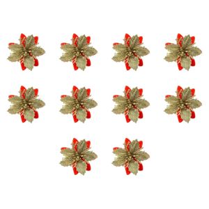 EODKUS 10Pcs Multi-Color Artificial Poinsettia Flowers Sequin Plastic Golden Gold Powder Christmas Flowers Ornaments Xmas Tree Filler Wreath DIY Glitter Flower Christmas Tree Decor Christmas Party
