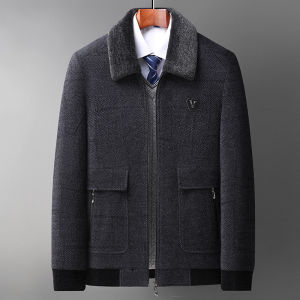 QBELY Winter New Mens Coat with Thickened and Thickened Chenille Wool Business Casual Coat with Fur Collar Fashion Windproof Coat