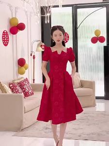 Plus Size Wine Red Bridal Wedding Toast Dress Women French Puff Sleeve Sweetheart Neck A-line Dresses㏇X0407