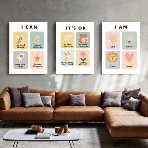 (with Frame) I Am I Can Its OK Kids Inspirational Wall Painting Cute Cartoon Animal Positive Quotes Print for Nursery Room Home Decoration
