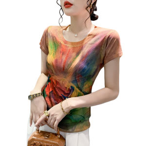 REHIN Summer New Fashion Printed Stir-fry Color Hot Stamping Short-sleeved T-shirt Slim Fit S-3XL Base Shirt for Womens Top