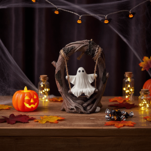 FOUNDTWO Cute Halloween Ghost Sculptures Funny White Halloween Swing Ghost Ornament Home Decoration Resin Swing Ghost Decorations Halloween Atmosphere