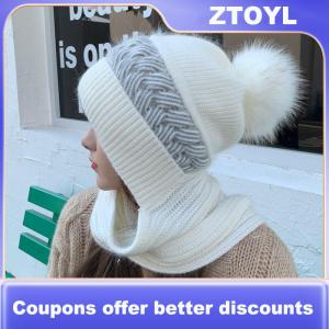 【ZTOYL】 Womens Korean Hooded Scarf Winter Hats Woman Cold Protection Warm Scarf Hat Cute Fur Ball Ear Protection Thickened Knitted Hat