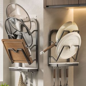 ANGY Carbon Steel Pot Lid Organizer Rack Sturdy Multi-layer Pot Cover Storage Shelf Rustproof Detachable Cutting Board Holder Kitchen