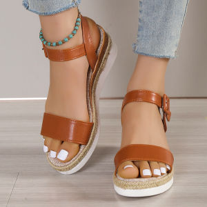 [Free Shipping] In-stock new summer large-size womens sandals with thick soles wedge heels casual one-strap buckle beach sandals for women