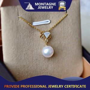 Montagne Jewelry 18k Pure Gold Pendant Diamond Inset Design Fine Jewellery Natural 8-8.5mm Akoya Pearl Pendant Necklace