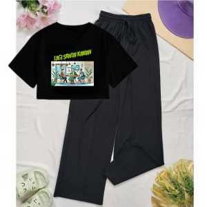 JOY One Set Crop Oversized Lengan Pendek Lagi Santai Kawan Dan Celana Panjang