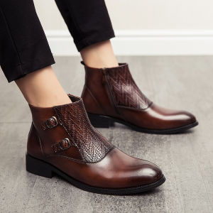 EsHi เสื้อผ้าผู้ชายรองเท้าซิปกันน้ำหนังรองเท้าเชลซีรองเท้าธุรกิจหัวแหลมรองเท้าบูทหุ้มข้อระบายอากาศ