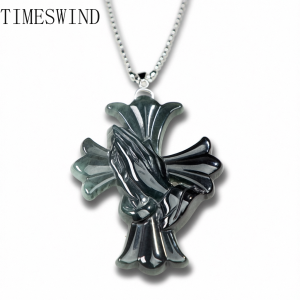 Original Myanmar A-Type Jade Black Cross Prayer Hand Pendant Men Titanium Steel Necklace for Gift with Certificate