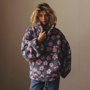 Autumn Winter Floral Print Fleece Sweatshirts Women Fashion Zip Up Lapel Loose Hoodies Warm Fur Drawstring Pullover Jackets2026