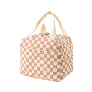 ORIGE HOUSE Thermal Corduroy Lunch Bag Floral/Plaid Design Waterproof Portable Lunch Bag Durable Large Capacity Picnic Food Pouch Student