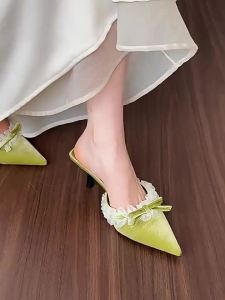 Polka Dot High Heel Mules For Women 2026 Spring/Summer Lace Pointed Toe Elegant Sandals And Shoes