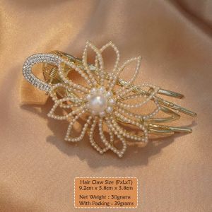 Jepit Rambut Sanggul Manik Impor Bahan Alloy 9.4cm Pearls Dovetail Hair Claw Clips QR167 BC29