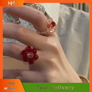 HB Vintage Crystal Beaded Flower Elastic Rings Rice Beads Handmade Woven Flower Rings For Women Bohemian Jewelry Girls Party Gifts