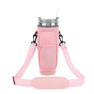 Water Bottle Carrying Bag with cell phone bag for Stanley 40/30 oz flat bottom neoprene water bottle holder bag with straw lid and hiking buckle for Stanley cup