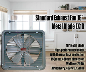 Standard Original 16 Inches Industrial Exhaust Fan Metal Blade EX16 High-performance motor Thermal fuse protection 450mm x 450mm dimension 290W Wattage Air delivery 4237 cu.ft./min.