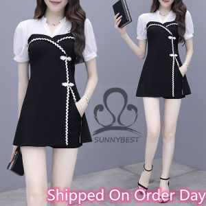 SUNNYBEST Women Two Piece Set Patchwork Short Sleeve Slim Tunic Frog Split Cheongsam Top Blouse+Black Shorts