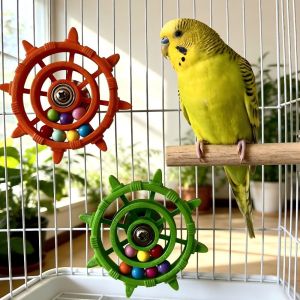 Rudder Shaped Parrot Spinner Rattle Toy Colorful Beads Bite Resistant Interactive Spinning Wheel Creative Plastic Bird Exercise Toy Bird Cage Use
