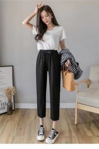 【ราคาพิเศษ】ฤดูร้อนกางเกง7ส่วน กางเกงผ้าฝ้ายและผ้าลินินขากระบอกเล็ก เชือกผูกเอว เอวยืดได้ใหญ่